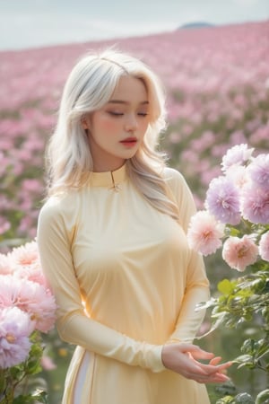 (masterpiece, best quality, niji style), (realistic, octane render, lot of details:6.3),
(full body photo :4.3), beautiful woman, korean woman, looking at the camera, (photo from head to toe:3.5),

(70s retro hairstyle:4.5),

clothing; ao dai vietnam, white ao dai, white dress, white clothings, 

long white pink pastel wavy hair, (white hair:3.5), brown eyes, beautiful eyes, closed mouth, The girl is tall and looks like a beauty queen,

hair blowing in the wind, small flower petals flying in the wind, flower petals flying in front of the girl,

(background is pink flower field of australia:1.1),

cinematic film still an awarded profesional photo of Leafwhisper, ideal body posture, perfect body proportions, hyperrealistic art, extremely high-resolution details, photographic, realism pushed to extreme, fine texture, incredibly lifelike,

different posture, up arms, ((arms up)), crazy mad aggressive face and eyes, fantasy, concept art, arms up, jump up, hands touch softly her face, (Both hands lift both tits:2.1),LinkGirl,aotac