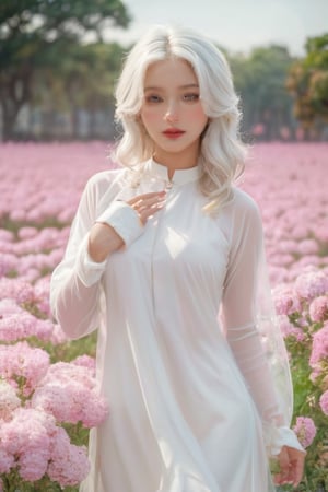 (masterpiece, best quality, niji style), (realistic, octane render, lot of details:6.3),
(full body photo :4.3), beautiful woman, korean woman, looking at the camera, (photo from head to toe:3.5),

(70s retro hairstyle:4.5),

clothing; ao dai vietnam, white ao dai, white dress, white clothings, 

long white pink pastel wavy hair, (white hair:3.5), brown eyes, beautiful eyes, closed mouth, The girl is tall and looks like a beauty queen,

hair blowing in the wind, small flower petals flying in the wind, flower petals flying in front of the girl,

(background is pink flower field of australia:1.1),

cinematic film still an awarded profesional photo of Leafwhisper, ideal body posture, perfect body proportions, hyperrealistic art, extremely high-resolution details, photographic, realism pushed to extreme, fine texture, incredibly lifelike,

different posture, up arms, ((arms up)), crazy mad aggressive face and eyes, fantasy, concept art, arms up, jump up, hands touch softly her face, (Both hands lift both tits:2.1),LinkGirl,aotac