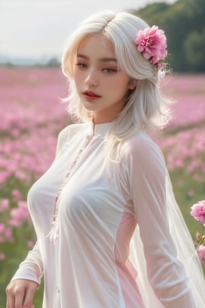 (masterpiece, best quality, niji style), (realistic, octane render, lot of details:6.3),
(full body photo :4.3), beautiful woman, korean woman, looking at the camera, (photo from head to toe:3.5),

(70s retro hairstyle:4.5),

clothing; ao dai vietnam, white ao dai, white dress, white clothings, 

long white pink pastel wavy hair, (white hair:3.5), brown eyes, beautiful eyes, closed mouth, The girl is tall and looks like a beauty queen,

hair blowing in the wind, small flower petals flying in the wind, flower petals flying in front of the girl,

(background is pink flower field of australia:1.1),

cinematic film still an awarded profesional photo of Leafwhisper, ideal body posture, perfect body proportions, hyperrealistic art, extremely high-resolution details, photographic, realism pushed to extreme, fine texture, incredibly lifelike,

different posture, up arms, ((arms up)), crazy mad aggressive face and eyes, fantasy, concept art, arms up, jump up, hands touch softly her face, (Both hands lift both tits:2.1),LinkGirl,aotac