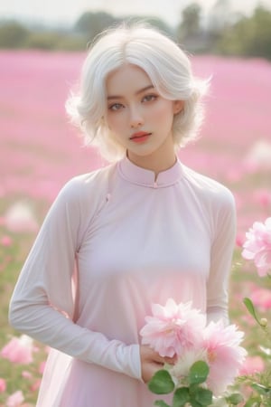 (masterpiece, best quality, niji style), (realistic, octane render, lot of details:6.3),
(full body photo :4.3), beautiful woman, korean woman, looking at the camera, (photo from head to toe:3.5),

(70s retro hairstyle:4.5),

clothing; ao dai vietnam, white ao dai, white dress, white clothings, 

long white pink pastel wavy hair, (white hair:3.5), brown eyes, beautiful eyes, closed mouth, The girl is tall and looks like a beauty queen,

hair blowing in the wind, small flower petals flying in the wind, flower petals flying in front of the girl,

(background is pink flower field of australia:1.1),

cinematic film still an awarded profesional photo of Leafwhisper, ideal body posture, perfect body proportions, hyperrealistic art, extremely high-resolution details, photographic, realism pushed to extreme, fine texture, incredibly lifelike,

different posture, up arms, ((arms up)), crazy mad aggressive face and eyes, fantasy, concept art, arms up, jump up, hands touch softly her face, (Both hands lift both tits:2.1),LinkGirl,aotac,xxmix_girl
