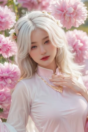 (masterpiece, best quality, niji style), (realistic, octane render, lot of details:6.3),
(full body photo :4.3), beautiful woman, korean woman, looking at the camera, (photo from head to toe:3.5),

(70s retro hairstyle:4.5),

clothing; ao dai vietnam, white ao dai, white dress, white clothings, 

long white pink pastel wavy hair, (white hair:3.5), brown eyes, beautiful eyes, closed mouth, The girl is tall and looks like a beauty queen,

hair blowing in the wind, small flower petals flying in the wind, flower petals flying in front of the girl,

(background is pink flower field of australia:1.1),

cinematic film still an awarded profesional photo of Leafwhisper, ideal body posture, perfect body proportions, hyperrealistic art, extremely high-resolution details, photographic, realism pushed to extreme, fine texture, incredibly lifelike,

different posture, up arms, ((arms up)), crazy mad aggressive face and eyes, fantasy, concept art, arms up, jump up, hands touch softly her face, (Both hands lift both tits:2.1),LinkGirl,aotac