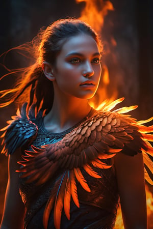 Unleash the power and mystique with an upper realistic image of a girl adorned with the fiery presence of a phoenix perched on her shoulder. The girl stands tall against a backdrop of roaring flames, creating a captivating contrast between her serene demeanor and the intense inferno surrounding her. The phoenix, with its vibrant plumage engulfed in flames, symbolizes rebirth and strength. Its piercing eyes lock with the girl's, forming a powerful connection that exudes both determination and grace. The digital painting technique used brings out intricate details, allowing the fiery feathers to shimmer and the flames to dance with an ethereal glow. The lighting accentuates the warmth and intensity of the scene, casting dynamic shadows and highlighting the girl's features. The camera perspective captures the girl in a commanding stance, showcasing her confident presence amidst the raging fire. The image is finely detailed, offering an ultra-resolution experience that immerses viewers in the mesmerizing world of fire and mythical creatures.