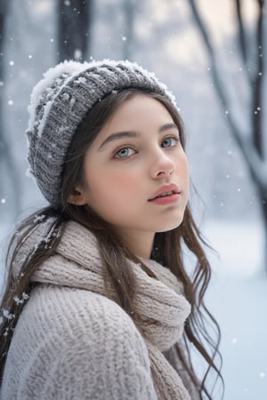 Capture the essence of a winter wonderland with an upper realistic image of a girl gracefully standing under a snowfall. Her delicate features are highlighted by the soft glow of the falling snowflakes, creating a mesmerizing and ethereal aura. The scene is set in a picturesque landscape adorned with glistening snow-covered trees and a hushed tranquility. The girl's eyes reflect a sense of wonder and innocence, as she takes in the enchanting beauty around her. The image is digitally painted to showcase intricate details and textures, bringing the scene to life with a dreamlike quality. The lighting is a soft, diffused glow, casting a warm and inviting ambiance. The camera perspective captures the girl from a slightly low angle, emphasizing her delicate silhouette against the snowy backdrop. The image is finely detailed, allowing for an ultra-resolution experience, immersing viewers in the captivating beauty of a winter wonderland.