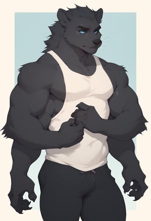 score_9, score_8_up, score_7_up, BREAK,score_9_up score_8_up, midnight fur, tabaxi, (4 arms), 4 hands, fit body, muscular legs, semi muscular arms, tank top, short_pants, charcoal hair, deep blue eyes, bodybuilder pose, male