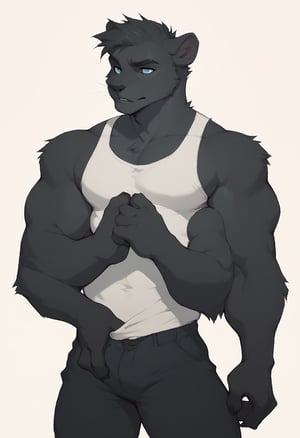 score_9, score_8_up, score_7_up, BREAK,score_9_up score_8_up, midnight fur, tabaxi, (4 arms), 4 hands, fit body, muscular legs, semi muscular arms, tank top, short_pants, charcoal hair, deep blue eyes, bodybuilder pose, male