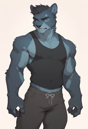 score_9, score_8_up, score_7_up, BREAK,score_9_up score_8_up, midnight fur, tabaxi, fit body, muscular legs, semi muscular arms, tank top, short_pants, charcoal hair, 4_armed, 4 hands, deep blue eyes, bodybuilder pose, male