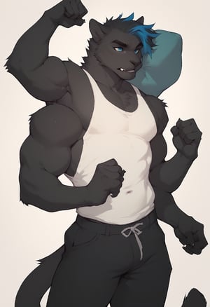 score_9, score_8_up, score_7_up, BREAK,score_9_up score_8_up, charcoal fur, anthro_feline, (4 arms), 4 hands, fit body, muscular legs, semi muscular arms, tank top, short_pants, midnight hair, deep blue eyes, bodybuilder pose, male