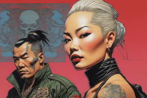  g string, Chinese man, Horror Comics style, art by brom, tattoo by ed hardy, shaved hair, neck tattoos andy warhol, heavily muscled, biceps,glam gore, horror,  women, military poster style, asian art, chequer board,v0ng44g