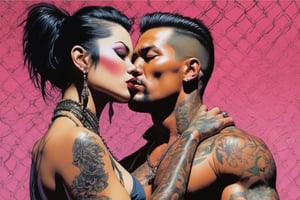  g string, lipstick, gay, kissing boyfriend, Horror Comics style, art by brom, tattoo by ed hardy, shaved hair, neck tattoos andy warhol, heavily muscled, biceps,glam gore, horror,  women, military poster style, asian art, chequer board