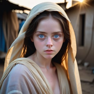 young female model with big blue eyes, dark hair and milky-white skin wearing some decent cloth, realistic, golden hour, extreme-poverty environment