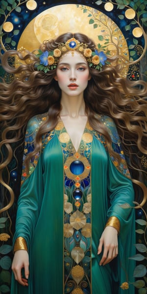 high quality, highly detailed, Envision a hyper-realistic portrait inspired by the enchanting style of Gustav Klimt, set in a magical twilight forest. The captivating woman, adorned in flowing robes reminiscent of Klimt's golden period, stands amidst ethereal flora under the soft glow of the moon, Drawing from Klimt's intricate patterns and symbolism, the artist meticulously captures the woman's features, emphasizing the mesmerizing details of her expression, The strands of her hair cascade gracefully, echoing Klimt's ornate and decorative compositions, by yukisakura, high detailed,