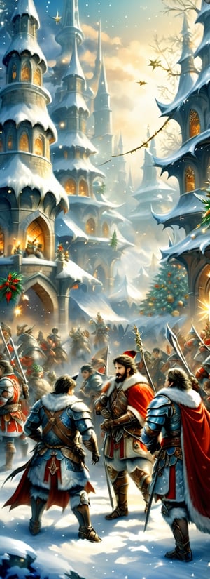 christmas men armour party in fantasy world,  christmas,  traditional media,  fantasy illustration,  soft colors,  final fantasy,  windy,  dynamic poses,,