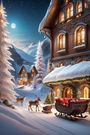 ((Santa Claus's house is in a cave, Santa's house is decorated with Christmas decorations, and a Reindeer sled is parked in front of the house. Imagine a very surreal scene)),(masterpiece, best quality, ultra-detailed, 8K),Reindeer sled full of luggage ,glossy,aesthetic,intricate, realistic,cinematic lighting,diagonally above angle,white body, Christmas theme,With a Christmas theme ((Reindeer sled decorated in Christmas style)), 