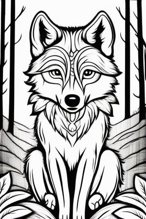 wolf, cute, lines, trees,Coloring Book
