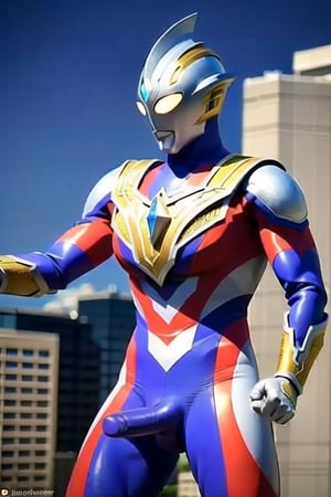 Best quality, masterpiece, 1boy, UltramanTrigger, armor, bodysuit, boots, gloves, helmet, pauldrons, shoulder_armor, shoulder_pads, white_gloves, solo, a giant in city, upper body, big_dick, big_penis, big_cock, abs, long_dick, fighting_stance, Carmeara, 特利迦奥特曼