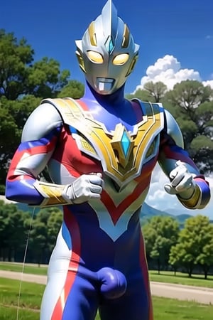 Best quality, masterpiece, 1boy, UltramanTrigger, armor, bodysuit, boots, gloves, helmet, pauldrons, shoulder_armor, shoulder_pads, white_gloves, solo, a giant in city, upper body, big_dick, big_penis, big_cock, abs, long_dick, fighting_stance, Carmeara, 特利迦奥特曼