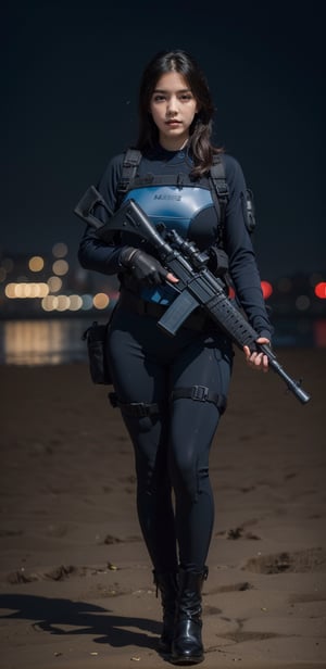 (1girl:1.3), (solo:1.3), middle hair, looking at viewer, (full_body:2), (standing:1.3), cliff, harness, soldier, (night_beach:1.3), (curvy:1.32), (blue_wetsuit:1.5), belt, Chest rig, holster, blurry_background, detailed_skin, holding_an_assault_rifle, black_stripes, combat_boots, AIDA_LoRA_ElonaV, ,Extremely Realistic, m4 carbine, ,Assault rifle