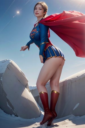 (((1girl:2.0, solo))), (a extremely pretty and beautiful bitch1.3), (20 years old: 1.1), (in-heat:1.3, blush:1.3, breathing:1.3, presenting:1.3), (classic supergirl skirt costume:1.9), (looking away:1.3), 
break,
(Hair between eyes:1.3), (short-length a sheer salon hair:1.3), bangs, dark brown eyes, beautiful eyes, princess eyes, (slender:1.1), ((huge breasts:1.1)), ((sagging breasts:1.1)), (((round breasts;1.1))),  (thin waist: 1.38). (hourglass body:1.1), (detailed beautiful girl: 1.4) , Parted lips, (pink glossy lips:1.3), (pale skin:1.3), (beautiful clean skin:1.3), ((Perfect Female Body)) , Perfect Anatomy, Perfect Proportions, (most beautiful Japanese actress face:1.3) , (a extremely cute and beautiful K-POP idol face:1.3), (oval face:1.3), (attarctive evil smile:1.3), (closed mouth:1.3 ), (4fingers and thumb:1.5), (perfect ratio human hands:1.5),  
BREAK,
(Realistic, Photorealistic: 1.37), (Masterpiece, Best Quality: 1.2), (Ultra High Resolution: 1.2), (RAW Photo: 1.2), (Ultra Detailed CG Unified 8k Wallpaper: 1.2), (Hyper Sharp Focus: 1.5), (Ultra Sharp Focus: 1.5), (Beautiful pretty face: 1.3) (professional photo lighting:1.3), (super detailed background, detail background: 1.3), (blue sky background:1.9), ,masterpiece,best quality, Realism,wearing supergirl_cosplay_outfit, levitation, windy_red_cape, 