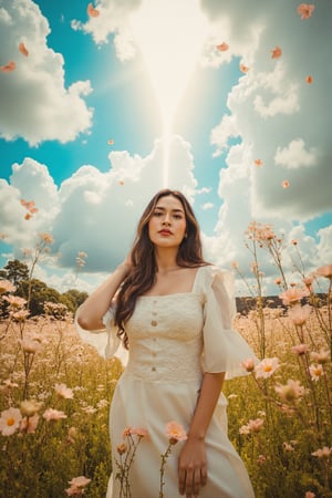 This is a highly detailed digital close-up and tilt shot artwork in a bright fantasy style, intricate tetradic colors in every details, a beautiful 22 years old Chinese girl, looking at viewer, head tilt, leaning forward, A lone girl with wavy black hair, wearing white dress, stands in windy flower field with grass, sun glare, heavenly cloudy sky, (clouds spiral:0.8), a macabre tapestry of clouds reaching towards viewer, falling petals, light cascading from an unseen aperture above. A low camera angle emphasizes the girl's with the overwhelming warm vibes.,aidmaHyperrealism