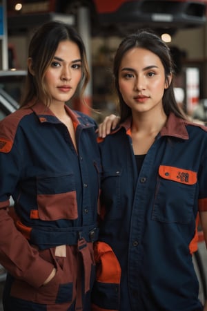 a professional photo of two women mechanic. wearing coverall, at car workshop. bokeh, depth of field, cinematic, staring at viewer seductively