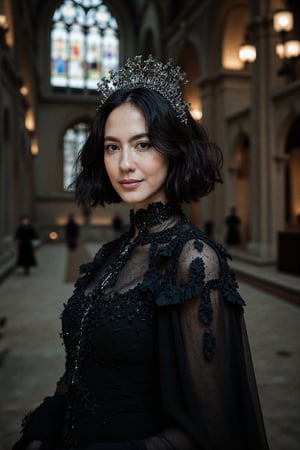 Full Frame: HDR photo of an 35 year old woman, Reimagine Secre Swallowtail from Black Clover with a religious theme and a dark, moody atmosphere, while retaining her black hair and black short dress. Style her black short hair into sleek, dramatic waves with an intricate silver headpiece featuring religious symbols, such as crosses or crescent moons, delicately placed among her locks. Her amber eyes should have a piercing, almost somber glow, reflecting a deep, contemplative nature. Dress her in a gothic-inspired black short dress with a high, detailed collar and dark, intricate embroidery reminiscent of sacred symbols and arcane patterns. The dress should have flowing, sheer sleeves and subtle, dark metallic accents that add a touch of solemnity. Maintain her iconic black short dress, but add a long, tattered black cloak that drapes heavily and has an ethereal, dark sheen. The cloak should feature somber, religious motifs, such as faded celestial patterns or ancient script, subtly woven into the fabric. Place her in a dark, evocative setting, such as an ancient, decaying cathedral with towering, arched windows and dim, flickering candlelight casting eerie shadows. The atmosphere should be heavy and contemplative, with dark, gothic elements like cracked stone floors and ancient, worn tapestries. Capture Secre in a solemn, introspective pose, with a sense of quiet power and deep spiritual significance, enhancing the dark and mysterious mood of the scene. amazing smile, perfect eyes . High dynamic range, vivid, rich details, clear shadows and highlights, realistic, intense, enhanced contrast, highly detailed ,masterpiece,best quality,ultra detailed,ultra detailed face,film style,film grain,FilmGirl,Text,Cinematic ,