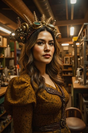 A cinematic portrait of a brilliant steampunk inventor with curly brown hair and inquisitive green eyes, wearing a Victorian-style dress with brass goggles on her head. She stands in a cluttered workshop filled with gears and gadgets, illuminated by warm, ambient light. The image is highly detailed and photorealistic, with a whimsical and inventive aesthetic.,aidmaHyperrealism