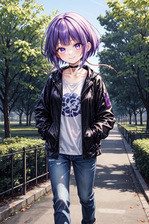 masterpiece, high_resolution, ultra-detailed, best quality, jirou_kyouka, short hair, blunt bangs, purple hair, choker, collarbone, purple eyes, small_breasts, In a park during a beautiful day, Jirou Kyouka is standing enjoying the surroundings. He is wearing jeans cut off at the knees and a short-sleeved black shirt. With a smile on his face, he has his hands in his jacket pockets, radiating style and confidence. The sun is shining, illuminating the park and highlighting his casual, relaxed figure.