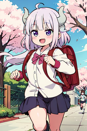 Kanna Kamui, school_uniforms, backpack, running, cherry_tree, Holding backpack, happy_face, horns, 