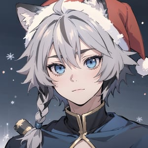 digital illustration, Fohl Fayon, tiger boy, tiger tail, two tone hair, white hair, black hair, tiger ears, hair, blue eyes, blue pants, blue shirt, (Christmas ), (boy's face), ((Christmas' hat)