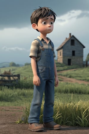 The image shows a young boy standing in a rural setting. He is looking sad, possibly lost or missing something. He appears to be a cartoon or animated character, possibly from a film or television series.3 d animated, 3 d animated, 