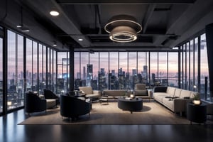 mixed cozy and white lights, night charming, night lights romantic ambience, giant luxury office lobby interior with impressive cityscape view of futuristic city from panoramic windows, floor to ceiling windows, no human only scenery, photorealistic,Cyberpunk,more detail 