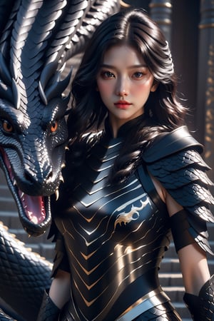 A young woman wearing a black armor-dress, she has black wavy hair with a streak of white hair, around her a powerful serpent is her dragon, fantasy art, raytraced, light particles,AI_Misaki