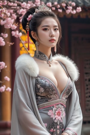 Full body, a beautiful young woman, looking at the audience, proud and expressionless, petals, flowers, colorful, dark amber sacred background, Chinese style ancient palace gorgeous low-cut dress (white and pink theme), silver-gray fur shawl, realism, Realistic skin, clear soft skin, skin detail, pores, particles, large breasts, art