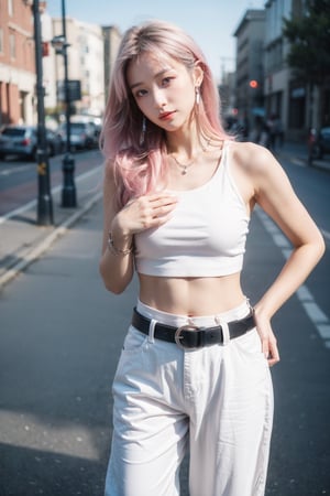 1 girl, perfect female body, soothing tones, muted colors, high contrast, (natural skin texture, hyperrealism, soft light, sharp), long hair, pink hair, medium breasts, thigh, (wearing white crop top with silver baggy pants), basic background, necklace, earrings, bracelet, belt, depth_of_field, (sharp eyes), tall figure, eyes makeup, deep shadows, pose like a model, full body, cowboy_shot