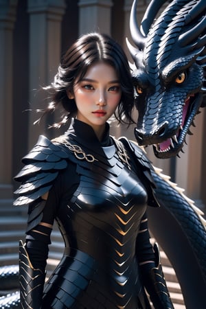 A young woman wearing a black armor-dress, she has black wavy hair with a streak of white hair, around her a powerful serpent is her dragon, fantasy art, raytraced, light particles,AI_Misaki