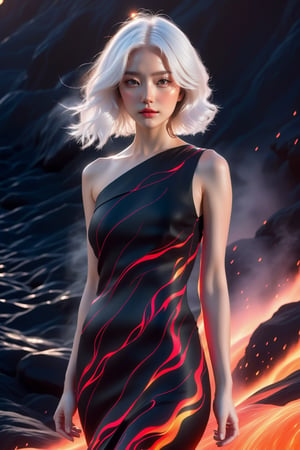 A young woman wearing a fire on Lava black dress style , she has black wavy hair with a streak of white hair, around her a powerful lava background, raytraced, light particles,AI_Misaki