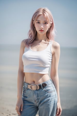 1 girl, perfect female body, soothing tones, muted colors, high contrast, (natural skin texture, hyperrealism, soft light, sharp), long hair, pink hair, medium breasts, thigh, (wearing white crop top with silver baggy pants), basic background, necklace, earrings, bracelet, belt, depth_of_field, (sharp eyes), tall figure, eyes makeup, deep shadows, pose like a model, full body, cowboy_shot