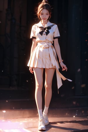 (best quality), ((masterpiece)), (highres), illustration, original, extremely detailed, (二次元大系·御姐篇_V1.0:0.7)zlqs, 1girl, skirt, solo, shoes, full body, white background, school uniform, brown hair, black skirt, simple background, smile, looking at viewer, jewelry, pleated skirt, clothes around waist, short sleeves, breasts, standing, sneakers, white shirt, bracelet, ponytail, shirt, serafuku, neckerchief, sailor collar, bangs, large breasts, socks, purple eyes, jacket, closed mouth, black sailor collar, sweater ,Realism