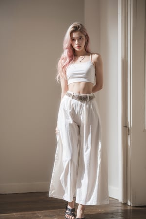 1 girl, perfect female body, soothing tones, muted colors, high contrast, (natural skin texture, hyperrealism, soft light, sharp), long hair, pink hair, medium breasts, thigh, (wearing white crop top with silver baggy pants), basic background, necklace, earrings, bracelet, belt, depth_of_field, (sharp eyes), tall figure, eyes makeup, deep shadows, pose like a model, full body, cowboy_shot