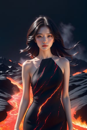 A young woman wearing a fire on Lava black dress style , she has black wavy hair with a streak of white hair, around her a powerful lava background, raytraced, light particles,AI_Misaki