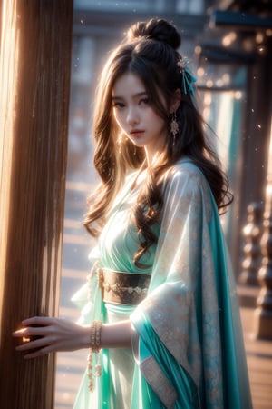 The background is midnight sky,big blue moon,dark night,snow blowing,16 yo, 1 girl,sword,halo,shining bracelet,beautiful hanfu(white, transparent),cape, cloth blowing in wind, solo, {beautiful and detailed eyes}, calm expression, natural and soft light, delicate facial features, cute japanese idol, very small earrings, ((model pose)), Glamor body type, (dark hair:1.2),  beehive,big bun,very_long_hair, hair past hip, curly hair, flim grain, realhands, masterpiece, Best Quality, photorealistic, ultra-detailed, finely detailed, high resolution, perfect dynamic composition, beautiful detailed eyes, eye smile, ((nervous and embarrassed)), sharp-focus, full_body, sexy pose,cowboy_shot,ruanyi0060,Samurai girl