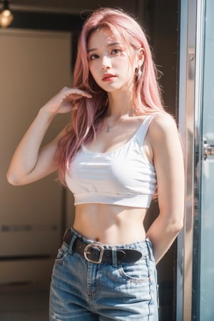 1 girl, perfect female body, soothing tones, muted colors, high contrast, (natural skin texture, hyperrealism, soft light, sharp), long hair, pink hair, medium breasts, thigh, (wearing white crop top with silver baggy pants), basic background, necklace, earrings, bracelet, belt, depth_of_field, (sharp eyes), tall figure, eyes makeup, deep shadows, pose like a model, full body, cowboy_shot