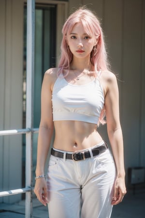 1 girl, perfect female body, soothing tones, muted colors, high contrast, (natural skin texture, hyperrealism, soft light, sharp), long hair, pink hair, medium breasts, thigh, (wearing white crop top with silver baggy pants), basic background, necklace, earrings, bracelet, belt, depth_of_field, (sharp eyes), tall figure, eyes makeup, deep shadows, pose like a model, full body, cowboy_shot