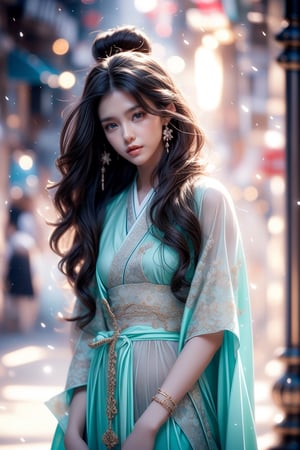 The background is midnight sky,big blue moon,dark night,snow blowing,16 yo, 1 girl,sword,halo,shining bracelet,beautiful hanfu(white, transparent),cape, cloth blowing in wind, solo, {beautiful and detailed eyes}, calm expression, natural and soft light, delicate facial features, cute japanese idol, very small earrings, ((model pose)), Glamor body type, (dark hair:1.2),  beehive,big bun,very_long_hair, hair past hip, curly hair, flim grain, realhands, masterpiece, Best Quality, photorealistic, ultra-detailed, finely detailed, high resolution, perfect dynamic composition, beautiful detailed eyes, eye smile, ((nervous and embarrassed)), sharp-focus, full_body, sexy pose,cowboy_shot,ruanyi0060,Samurai girl