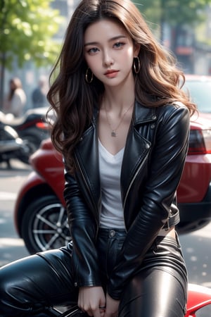 New York City,avenue,street,trees,
20 yo, 1 girl, beautiful korean girl, riding on a black Harley Davidson,wearing biker jacket,leather pants,boots,leather glove,solo, {beautiful and detailed eyes}, dark eyes, calm expression, delicate facial features, ((model pose)), Glamor body type, (dark hair:1.2),hair_past_waist,curly hair,very long hair,simple tiny earrings,simple tiny necklace, flim grain, realhands, masterpiece, Best Quality, 16k, photorealistic, ultra-detailed, finely detailed, high resolution, perfect dynamic composition, beautiful detailed eyes, eye smile, ((nervous and embarrassed)), sharp-focus, full_body, cowboy_shot,