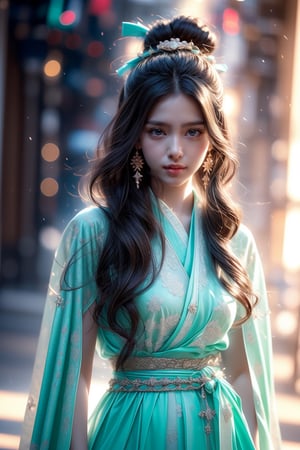The background is midnight sky,big blue moon,dark night,snow blowing,16 yo, 1 girl,sword,halo,shining bracelet,beautiful hanfu(white, transparent),cape, cloth blowing in wind, solo, {beautiful and detailed eyes}, calm expression, natural and soft light, delicate facial features, cute japanese idol, very small earrings, ((model pose)), Glamor body type, (dark hair:1.2),  beehive,big bun,very_long_hair, hair past hip, curly hair, flim grain, realhands, masterpiece, Best Quality, photorealistic, ultra-detailed, finely detailed, high resolution, perfect dynamic composition, beautiful detailed eyes, eye smile, ((nervous and embarrassed)), sharp-focus, full_body, sexy pose,cowboy_shot,ruanyi0060,Samurai girl