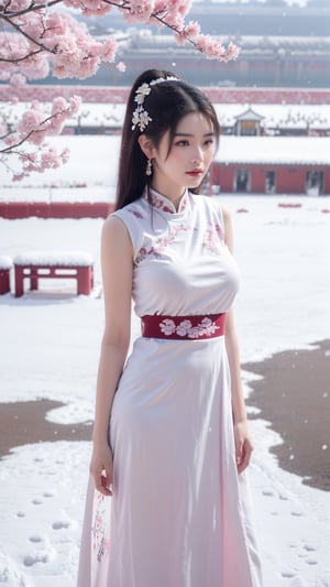 Masterpiece, Best Quality,  qipao,young and beautiful Chinese girl wearing a cheongsam with coiled hair, , wearing vintage Chinese earrings, (big breasts:1.29),in front of the Forbidden City, with a large aperture portrait lens,(big breasts:1.39),embroidered flower patterns,(Peonies, cherry blossoms, plum blossoms:1.3), (snow:1.5),1girl,long skirt,Young beauty spirit 