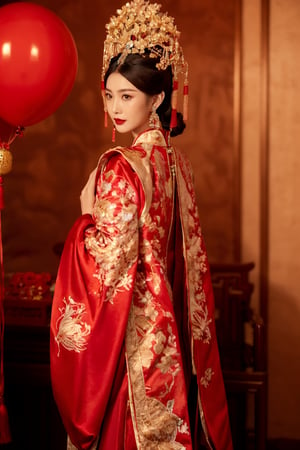 masterpiece,best quality,ultra-detailed,photorealistic,realistic,photography,over the sea,flower,balloon,full body
1girl,jewelry,earrings,solo,long hair,hair ornament,looking back,looking at viewer,red dress,black hair,upper body,closed mouth,blurry,dress,tassel,brown hair,feathers,from behind,chinese clothes,tassel earrings, disgust,frown,furrowed_brow, Fengguanxiapei,凤冠霞帔