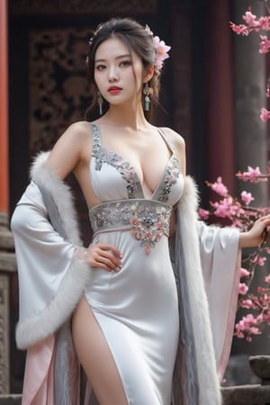 Full body, a beautiful young woman, looking at the audience, proud and expressionless, petals, flowers, colorful, dark amber sacred background, Chinese style ancient palace gorgeous low-cut dress (white and pink theme), silver-gray fur shawl, realism, Realistic skin, clear soft skin, skin detail, pores, particles, large breasts, art