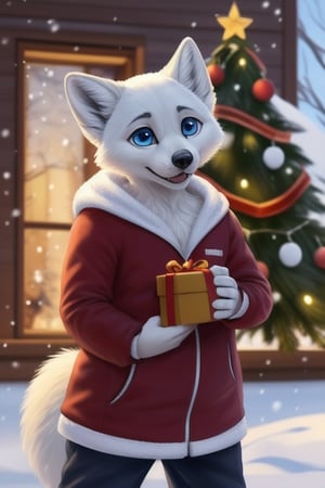 male, arctic fox, 1boy, blue eyes, white fur, art by zaush, anthro, masterpiece, best quality, looking at you, detailed, detailed background, sweatpants:0.8, Highest Quality, 4k, masterpiece, Amazing Details, Shallow Depth of Field, E671, standing, paws, chibi, young, chubby, b-ern, fluffy, chest fluff, snow, snowing, winter, wearing coat, christmas tree, bells, happy, holding gift box with bow, holiday,Christmas,christmas tree